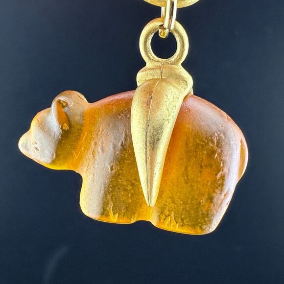 Vintage Bear Gold Tone Dangle Pierced Ear Earrings Pressed Molded Amber (?) - Picture 5 of 12